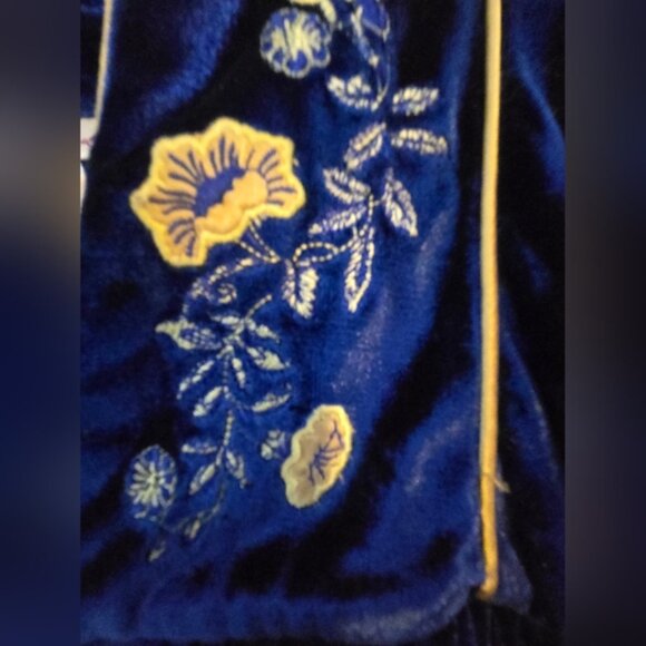 Vintage Royal Blue Velvet 80s Embroidered Housecoat Retro Soft Luxury Size L - Picture 3 of 5